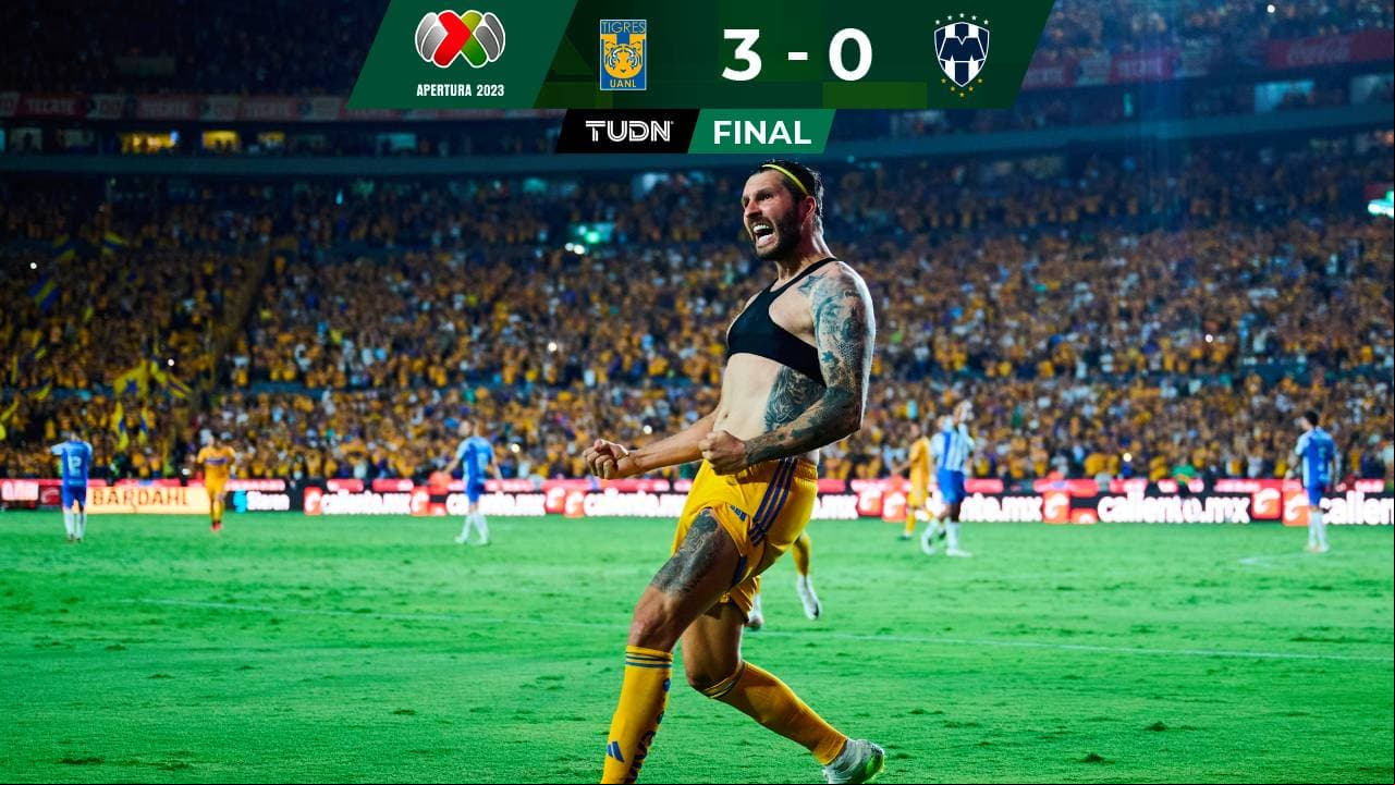 ¡Tres rayas a Monterrey! Gignac hace doblete y Lainez sentencia el triunfo de Tigres